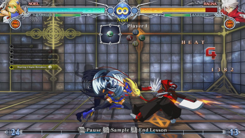 Tutorial combo skills screenshot of BLAZBLUE CENTRALFICTION video game interface.
