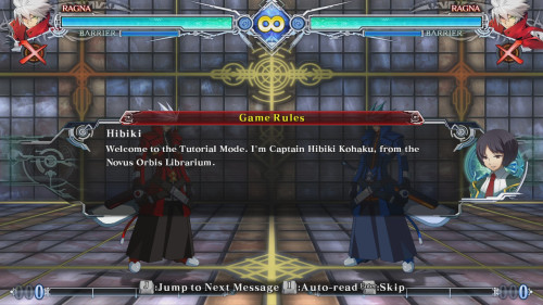 Tutorial dialogue screenshot of BLAZBLUE CENTRALFICTION video game interface.