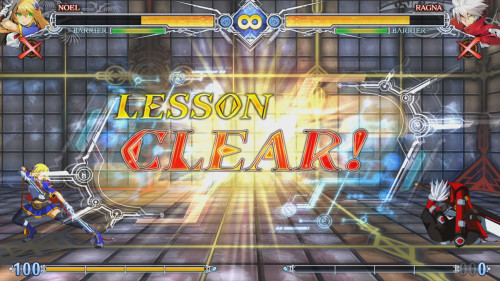 Tutorial Lesson Clear screenshot of BLAZBLUE CENTRALFICTION video game interface.