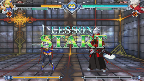 Tutorial Lesson Start screenshot of BLAZBLUE CENTRALFICTION video game interface.