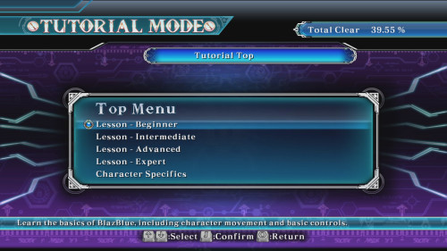 Tutorial Mode menu screenshot of BLAZBLUE CENTRALFICTION video game interface.