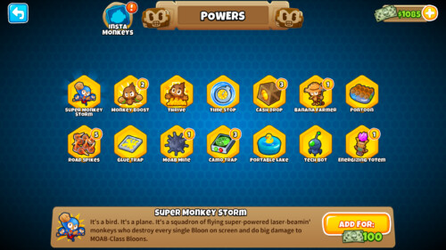 Powers screenshot of Bloons TD 6 video game interface.