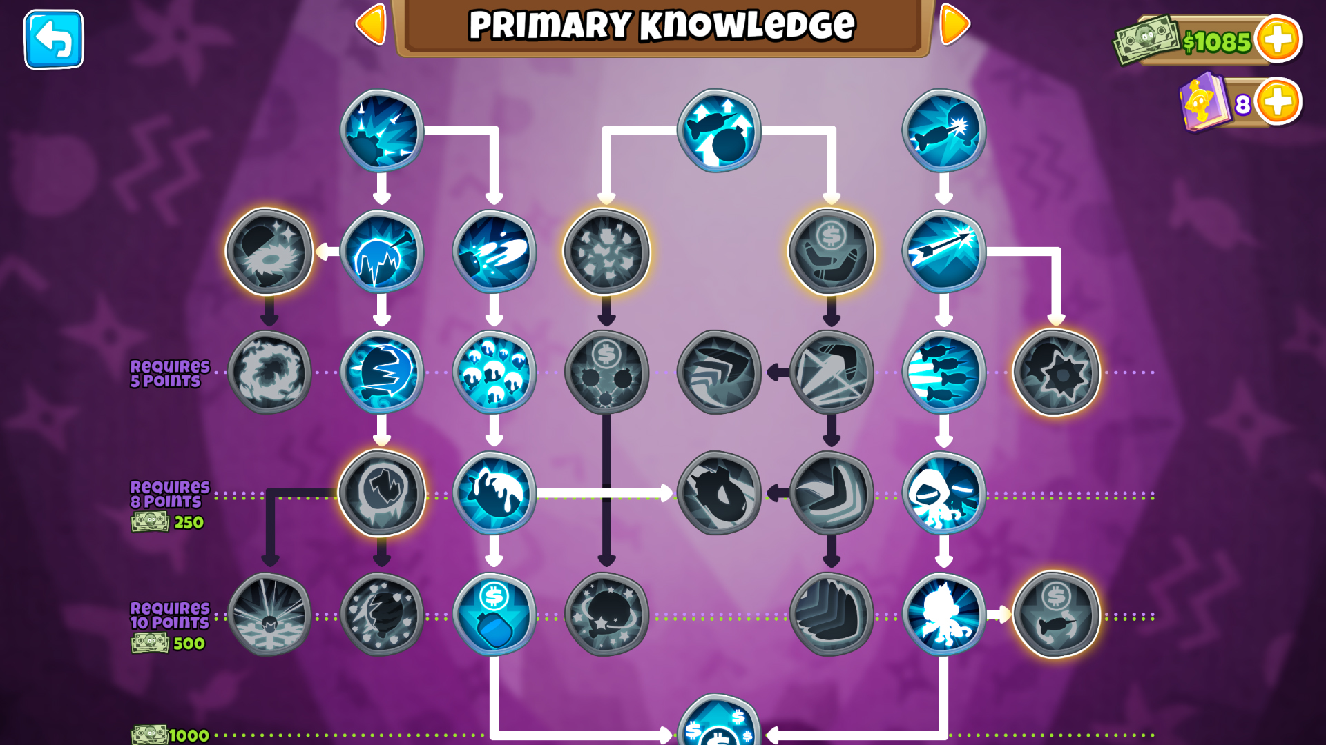 Primary knowledge screenshot of Bloons TD 6 video game interface.