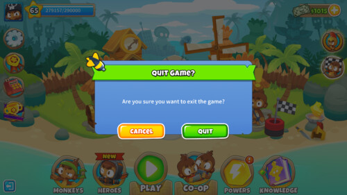 Quit game screenshot of Bloons TD 6 video game interface.