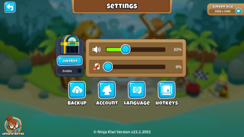 Settings screenshot of Bloons TD 6 video game interface.