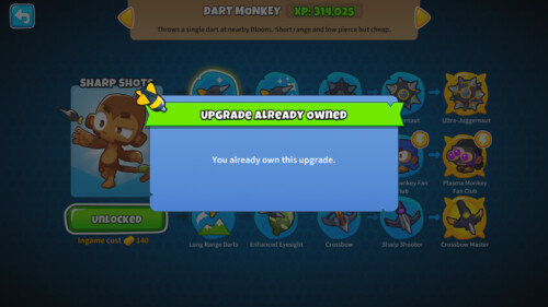 Upgrade already owned screenshot of Bloons TD 6 video game interface.