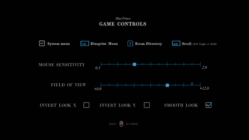 Controls screenshot of Blue Prince video game interface.