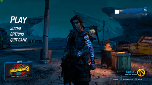 Main Menu screenshot of Borderlands 3 video game interface.