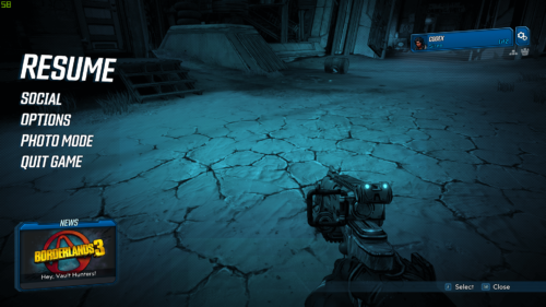 Pause screenshot of Borderlands 3 video game interface.