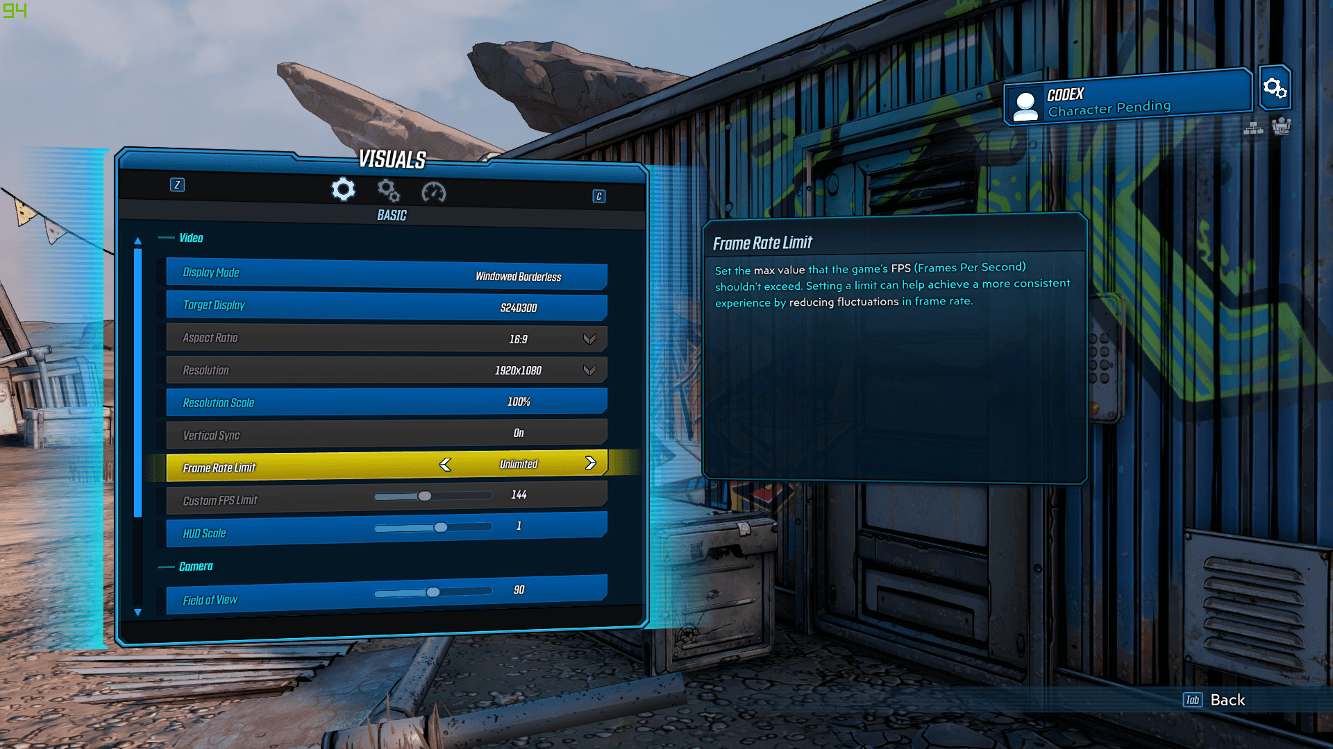 Visuals screenshot of Borderlands 3 video game interface.