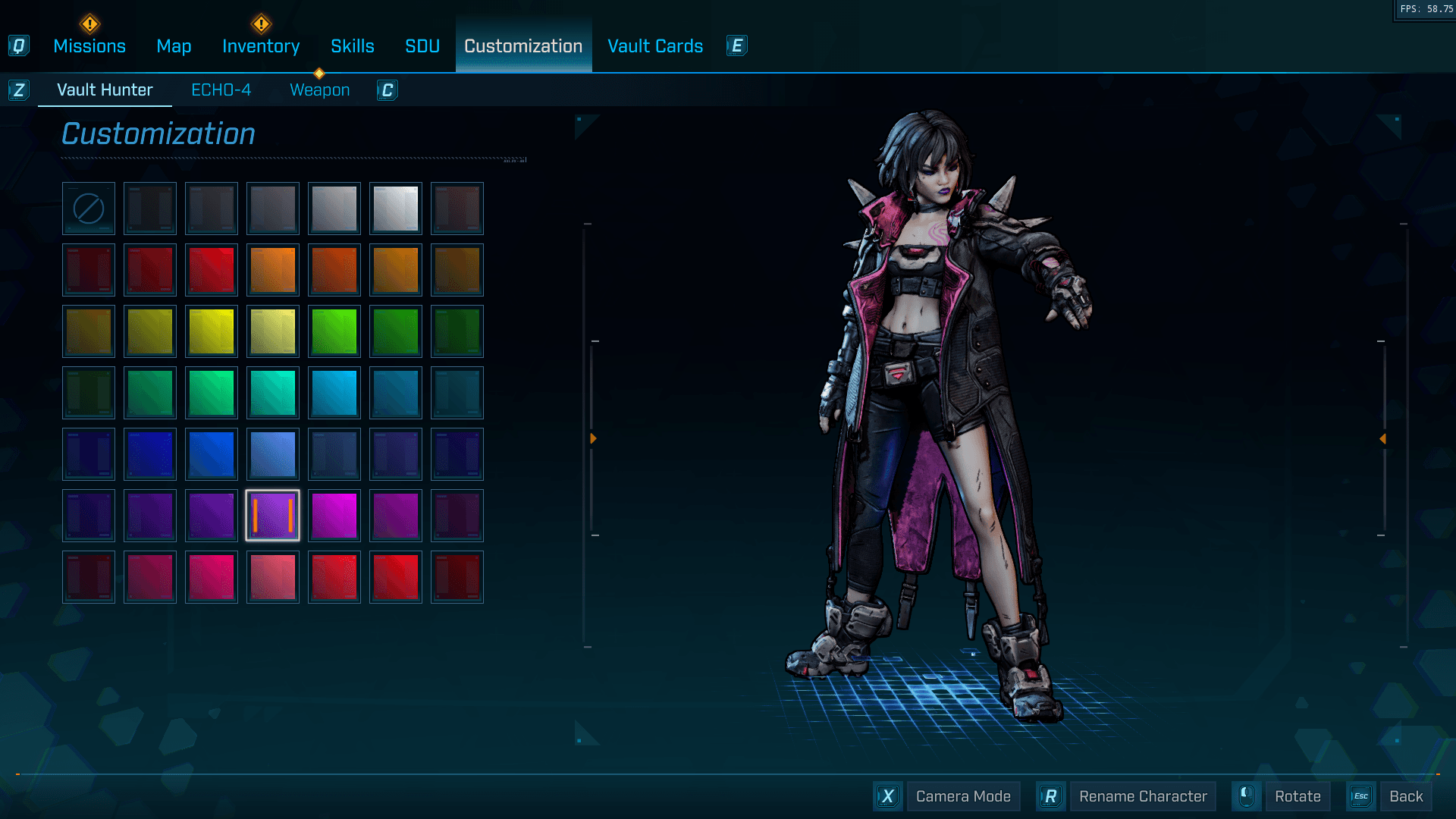 Customization screenshot of Borderlands 4 video game interface.