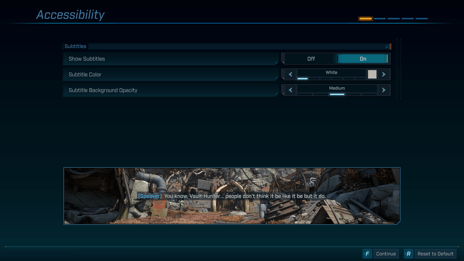 Accessibility screenshot of Borderlands 4 video game interface.