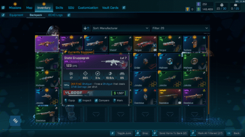 Backpack screenshot of Borderlands 4 video game interface.