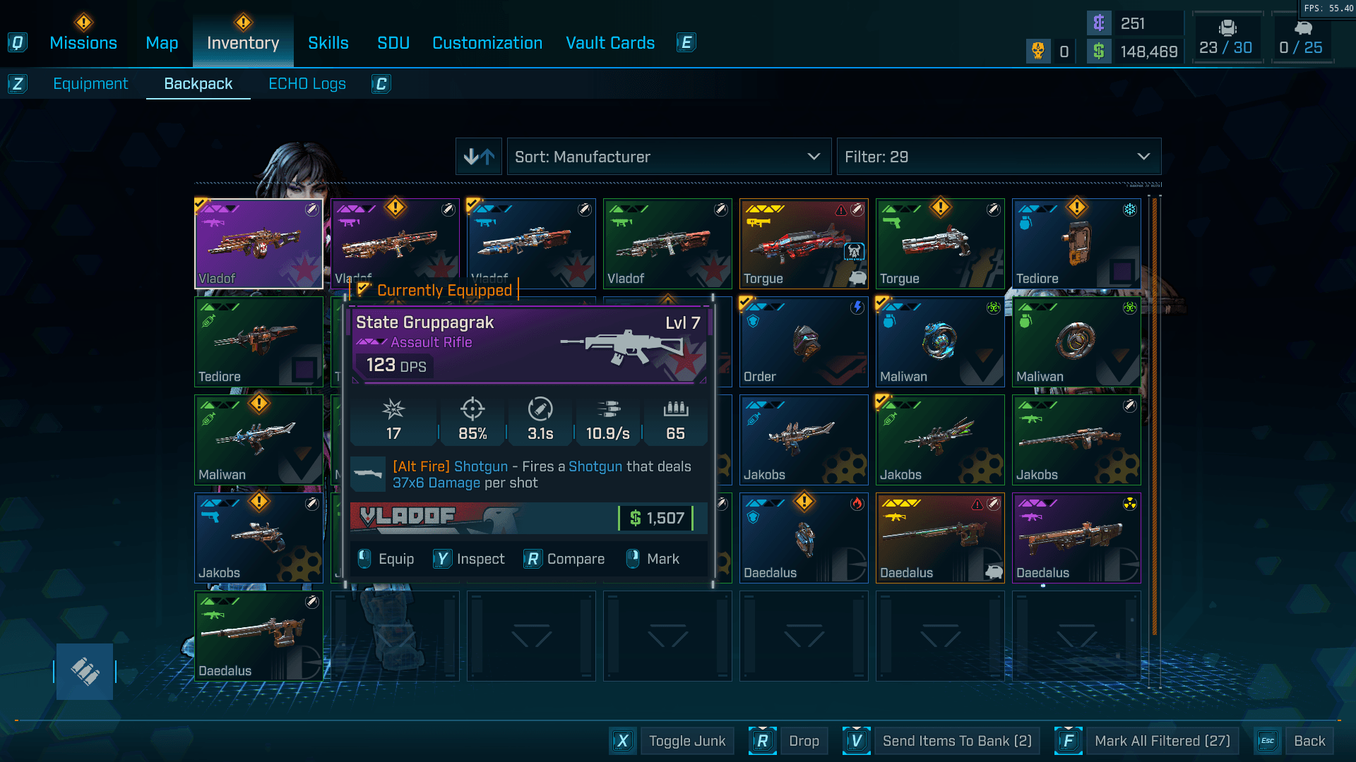 Backpack screenshot of Borderlands 4 video game interface.