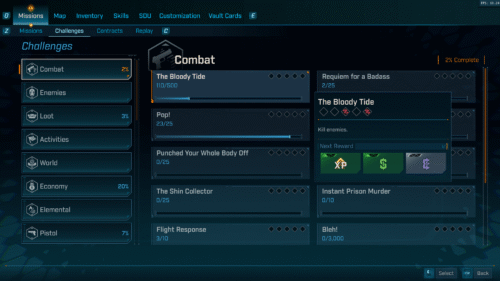 Challenges screenshot of Borderlands 4 video game interface.