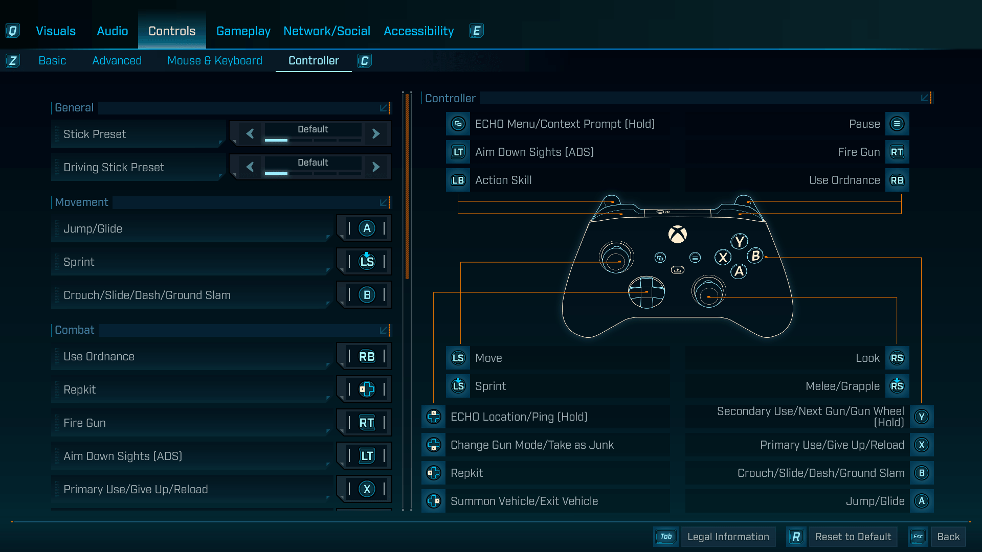 Controls Map screenshot of Borderlands 4 video game interface.