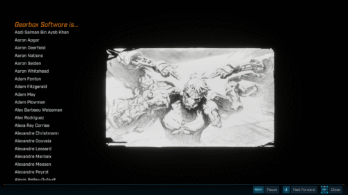 Credits screenshot of Borderlands 4 video game interface.