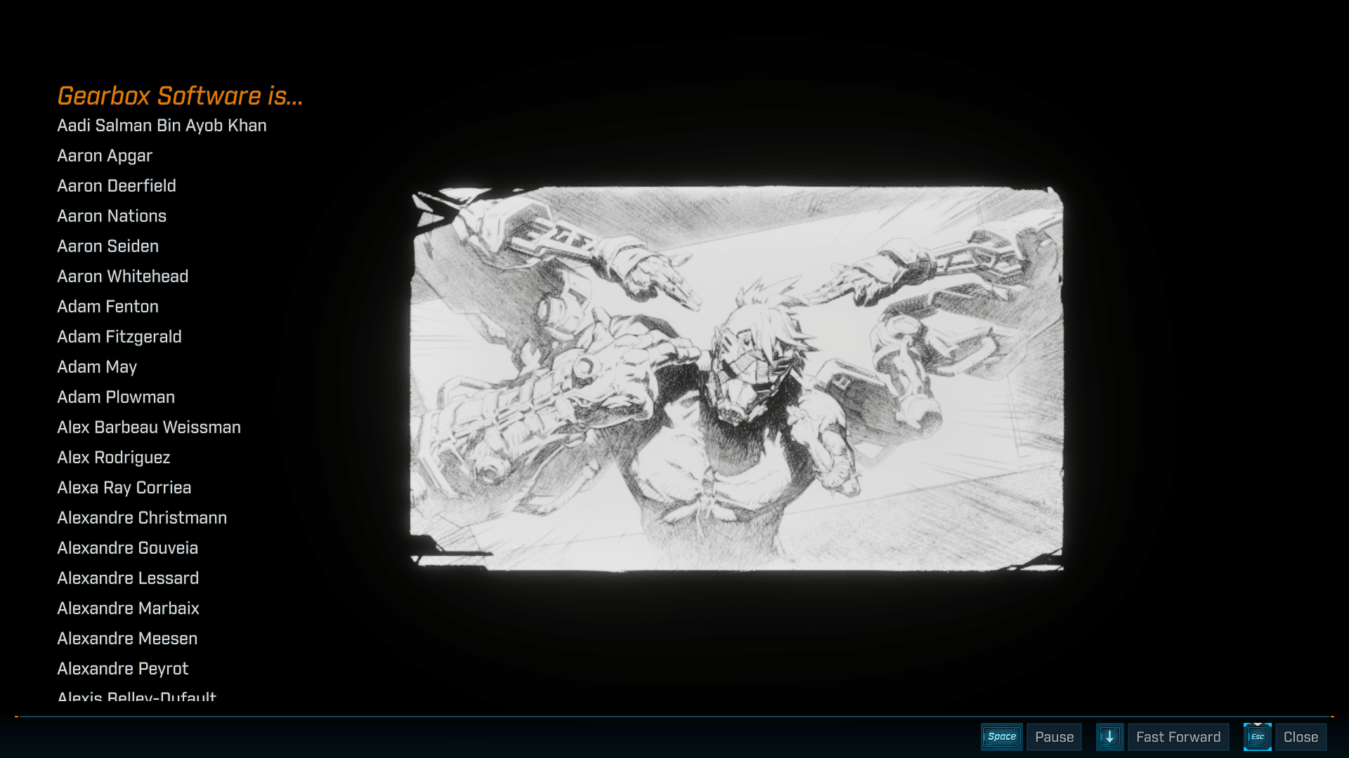 Credits screenshot of Borderlands 4 video game interface.