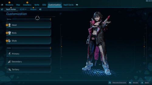 Customization screenshot of Borderlands 4 video game interface.