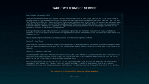 EULA screenshot of Borderlands 4 video game interface.