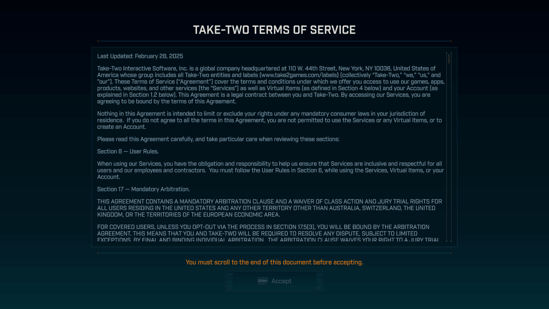 EULA screenshot of Borderlands 4 video game interface.