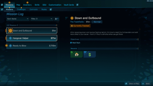 Missions screenshot of Borderlands 4 video game interface.