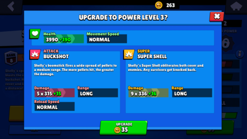 Upgrade to power level 3 screenshot of Brawl Stars video game interface.