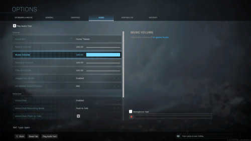 Audio screenshot of Call of Duty: Modern Warfare video game interface.