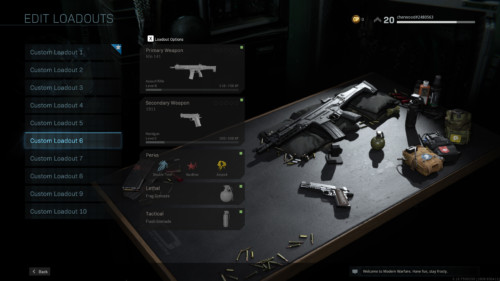 Edit loadouts screenshot of Call of Duty: Modern Warfare video game interface.