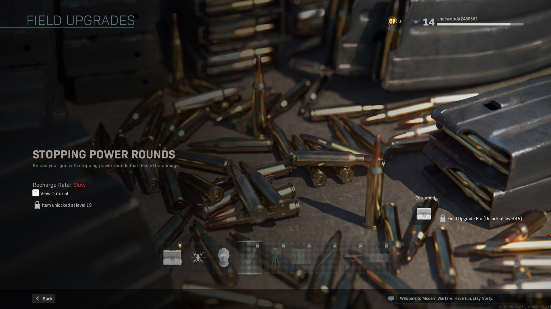 Field upgrades screenshot of Call of Duty: Modern Warfare video game interface.