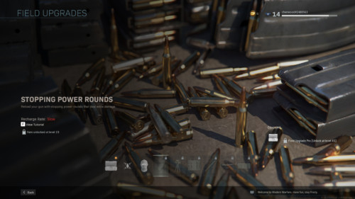 Field upgrades screenshot of Call of Duty: Modern Warfare video game interface.