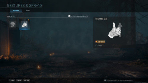 Gestures and sprays screenshot of Call of Duty: Modern Warfare video game interface.