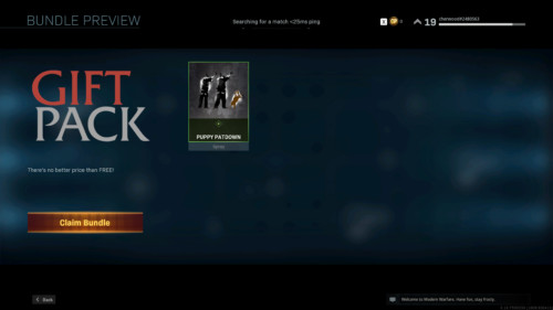 Gift pack screenshot of Call of Duty: Modern Warfare video game interface.