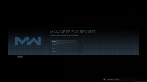 Manage friend request screenshot of Call of Duty: Modern Warfare video game interface.