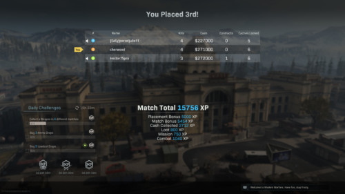 Match summary screenshot of Call of Duty: Modern Warfare video game interface.