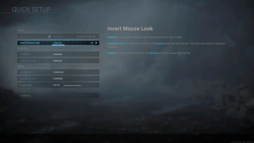 Quick setup screenshot of Call of Duty: Modern Warfare video game interface.