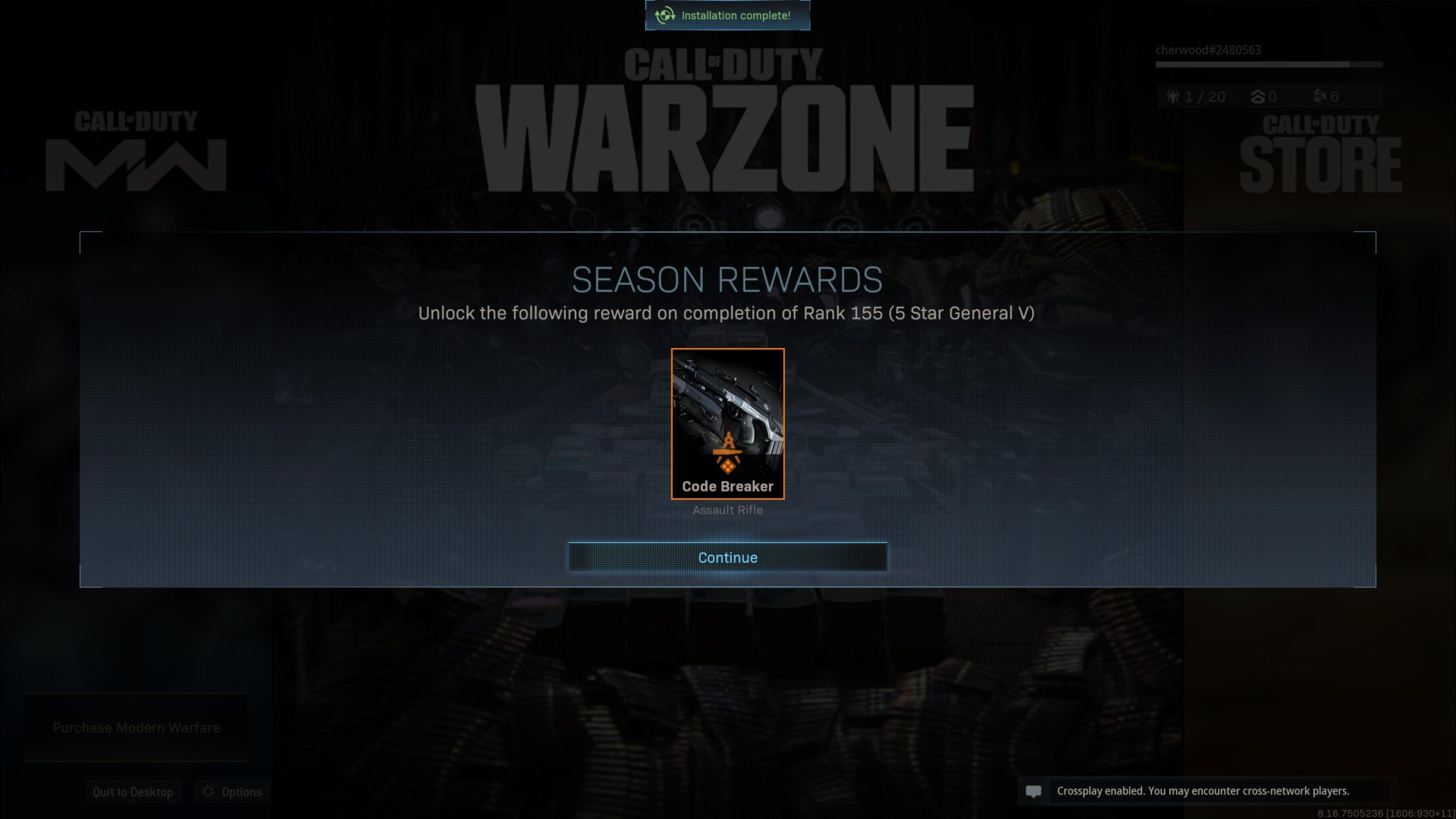 Season rewards screenshot of Call of Duty: Modern Warfare video game interface.