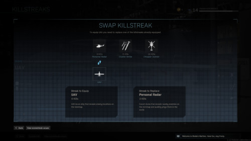 Swap killstreaks screenshot of Call of Duty: Modern Warfare video game interface.
