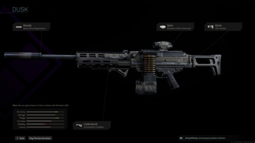 Weapon details screenshot of Call of Duty: Modern Warfare video game interface.
