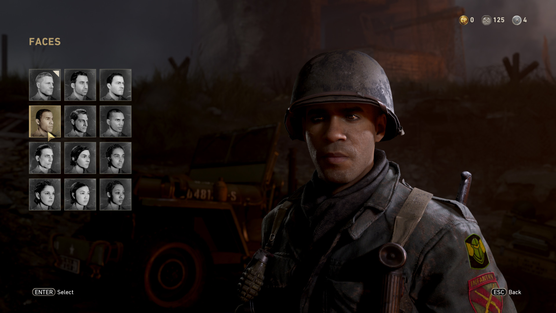 Faces screenshot of Call of Duty: WWII video game interface.