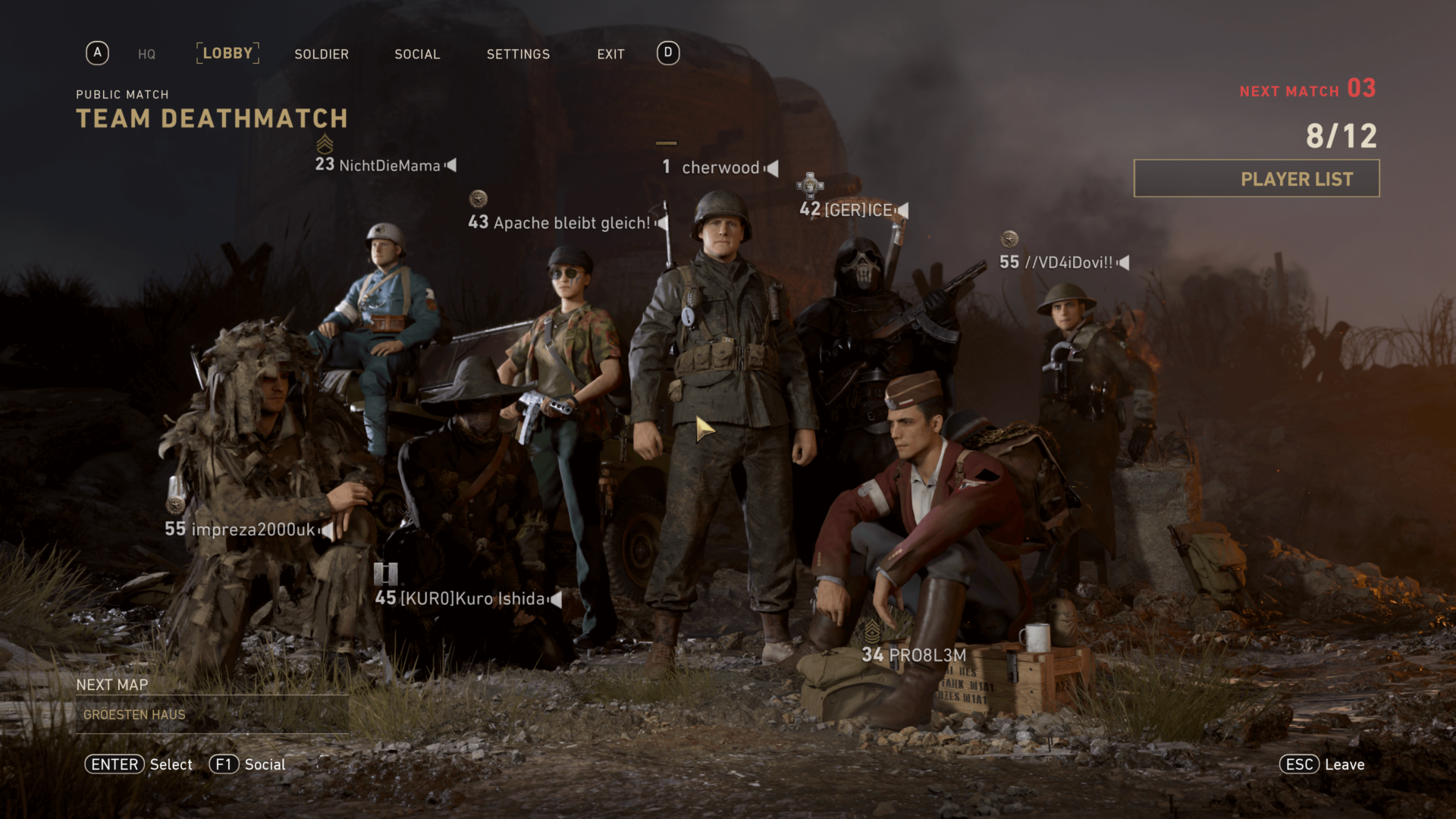 Lobby screenshot of Call of Duty: WWII video game interface.