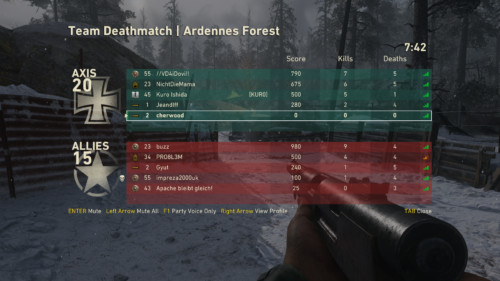 Scoreboard screenshot of Call of Duty: WWII video game interface.