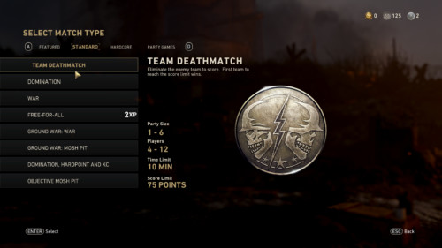 Select match type screenshot of Call of Duty: WWII video game interface.