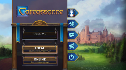 Main menu screenshot of Carcassonne Tiles and Tactics video game interface.