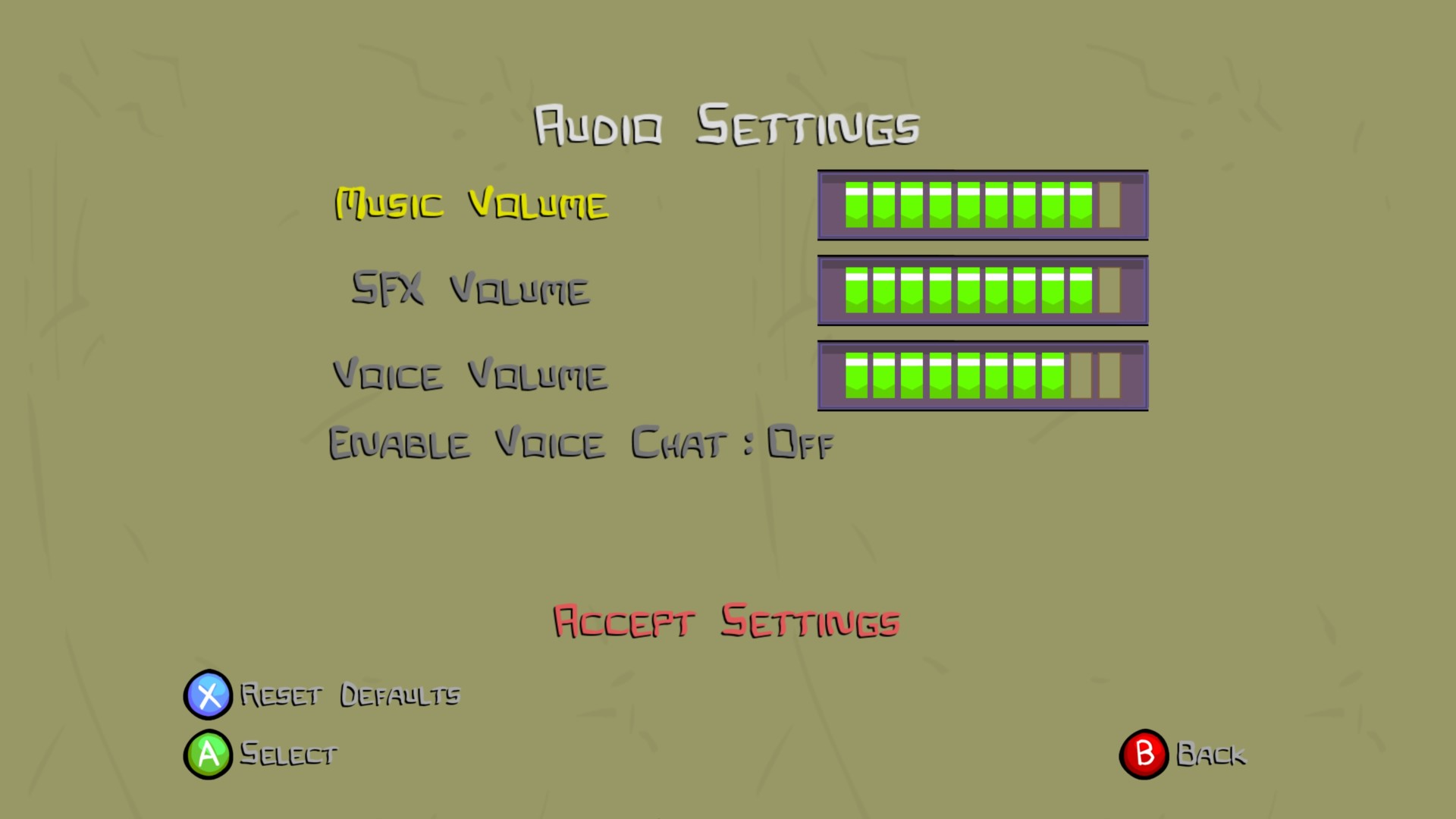 Audio settings screenshot of Castle Crashers video game interface.