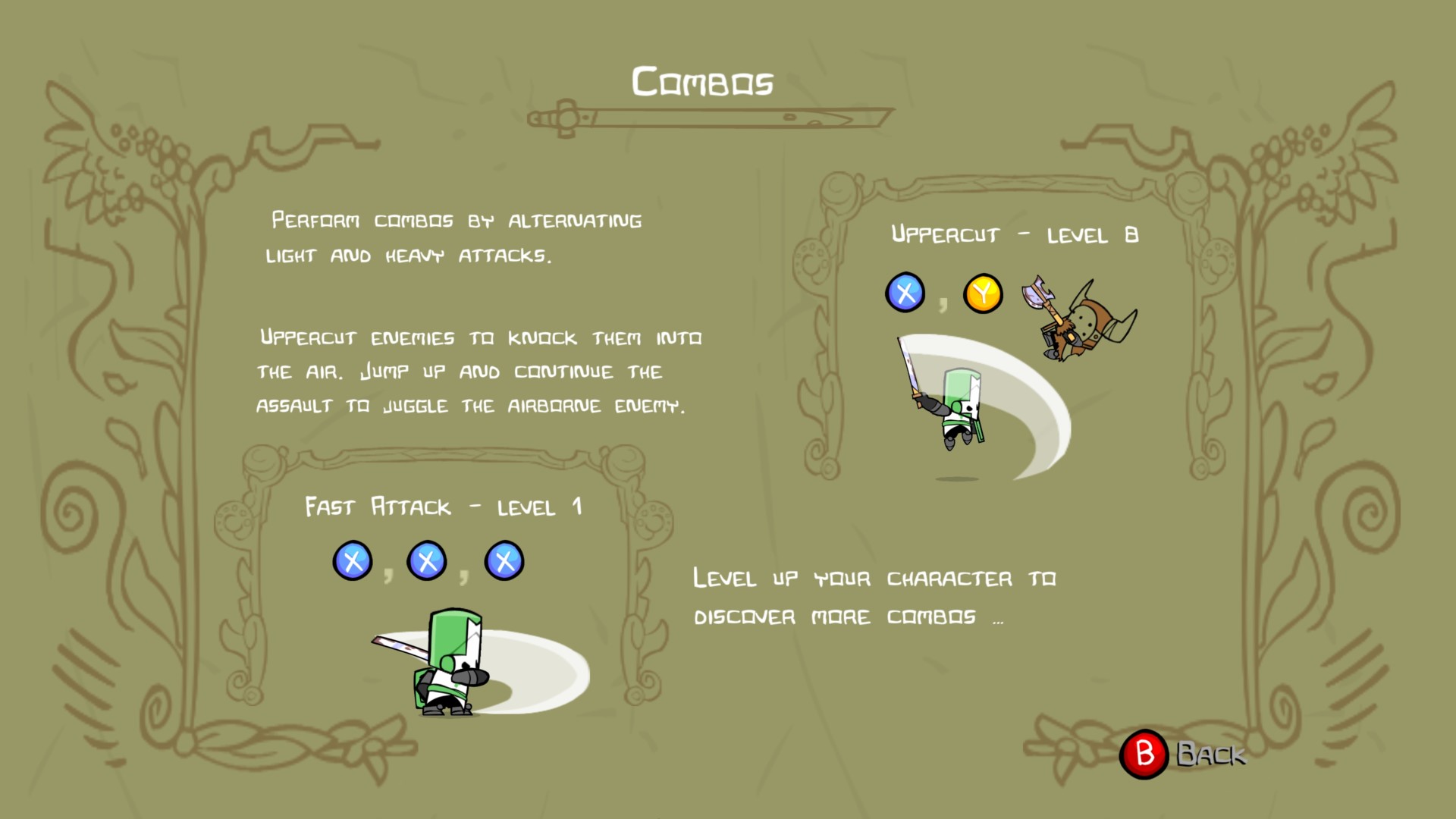 Combos screenshot of Castle Crashers video game interface.