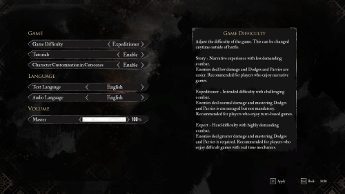 Game Config screenshot of Clair Obscur: Expedition 33 video game interface.