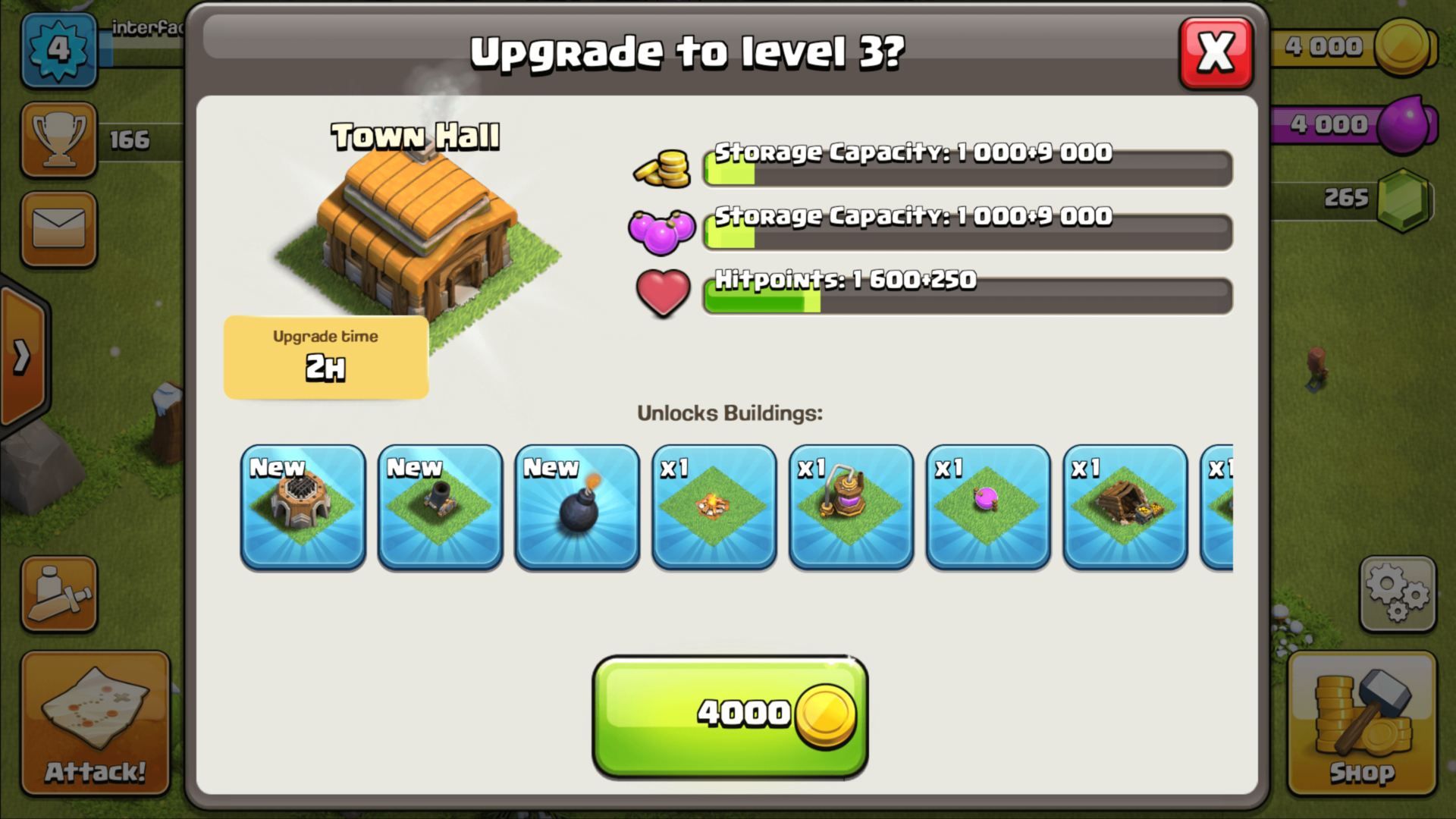 Upgrade Town Hall screenshot of Clash of Clans video game interface.