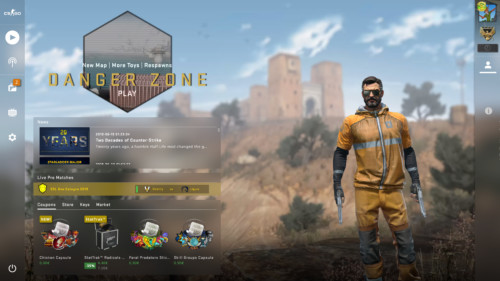 Main menu screenshot of Counter-Strike: Global Offensive video game interface.