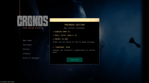 Confirmation screenshot of Cronos: The New Dawn video game interface.